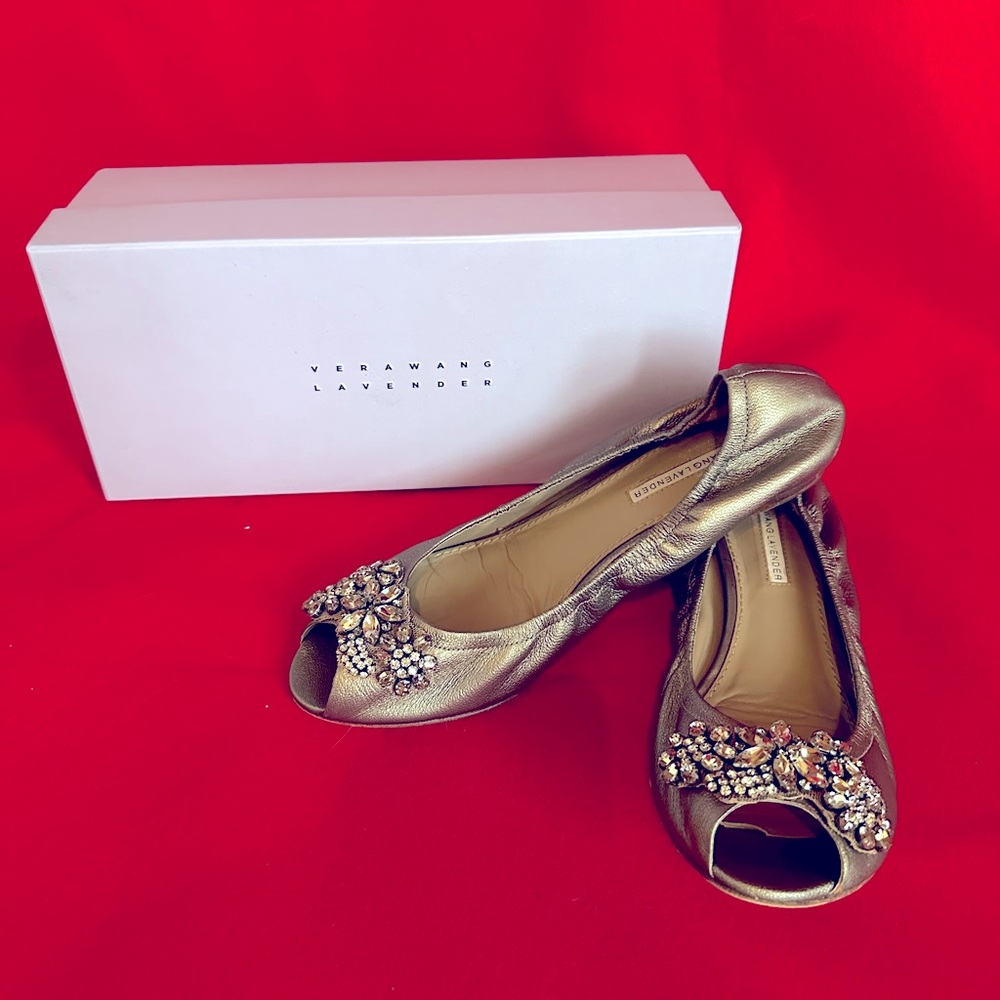 Vera Wang Lavender pewter open toe jeweled ballet flat.  Size 10